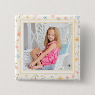 Bóton Quadrado 5.08cm Botão de Foto Infantil Floral Bonito