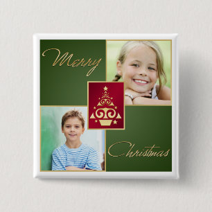 Bóton Quadrado 5.08cm Botão de Foto Verde, Vermelho, Dourada Árvore de N
