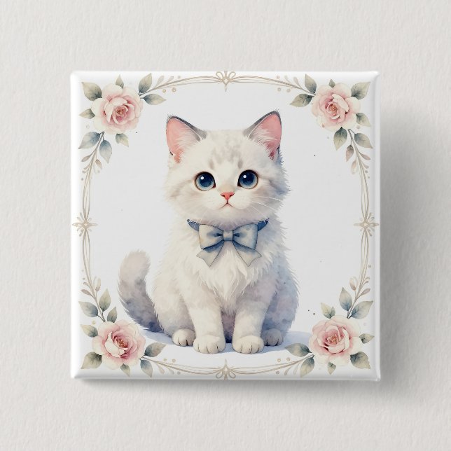 Bóton Quadrado 5.08cm botão de gato fofo (Frente)