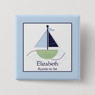 Bóton Quadrado 5.08cm Botão de Nametag Little Trendy Sailboat (Verde/Az