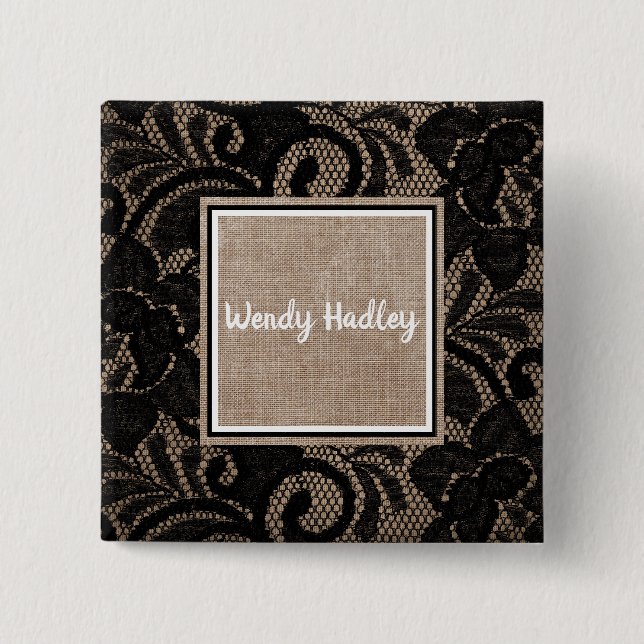 Bóton Quadrado 5.08cm Botão de nome personalizável do linen e do local (Frente)