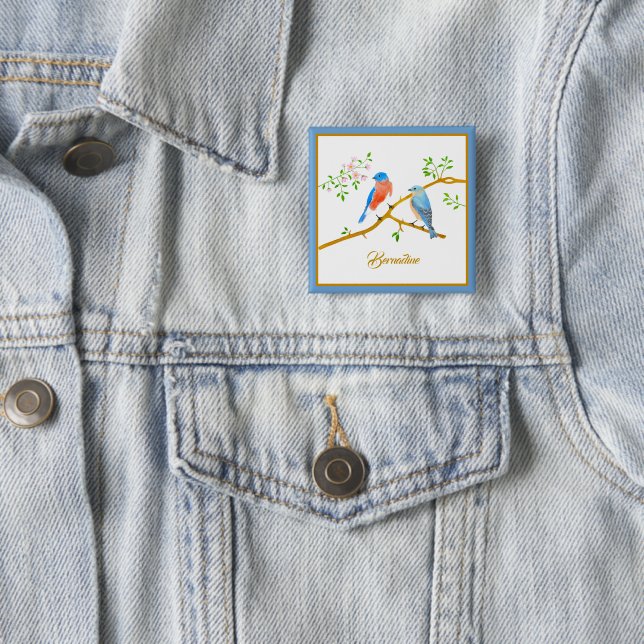 Bóton Quadrado 5.08cm Botão de Nome Quadrado de Aves Azuis (In Situ)