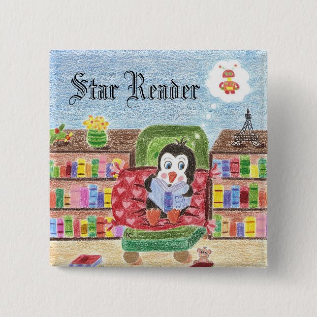 Bóton Quadrado 5.08cm Botão de recompensa de leitura do pinguim (Frente)
