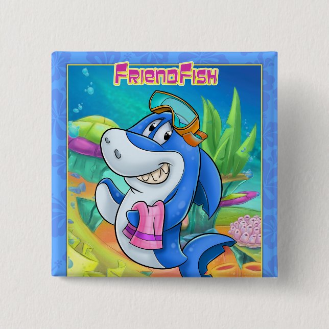 Bóton Quadrado 5.08cm botão de tubarão-cartoon fofo (Frente)
