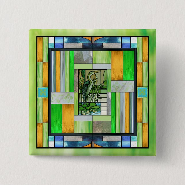 Bóton Quadrado 5.08cm Botão de Vidro Heron Estampado Azul (Frente)