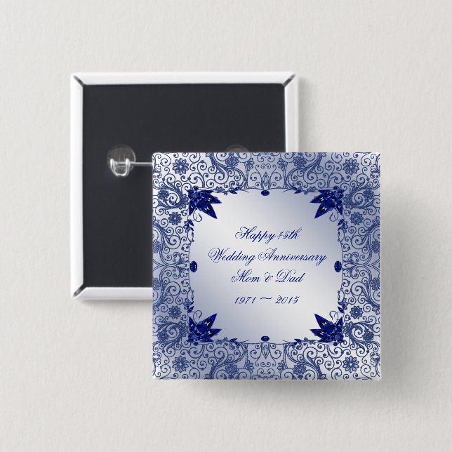 Bóton Quadrado 5.08cm Botão do aniversário de casamento da safira 45th (Frente & Verso)