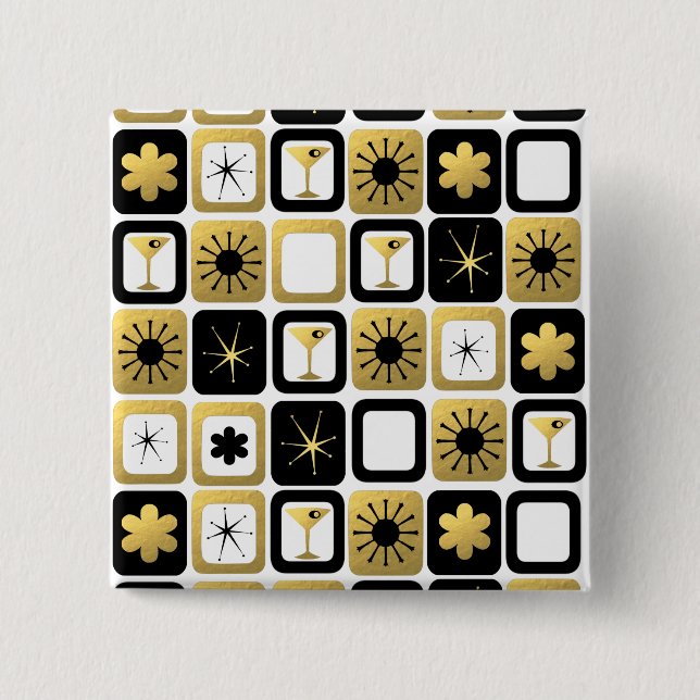 Bóton Quadrado 5.08cm Botão Dourado Retroativo Glamoroso (Frente)