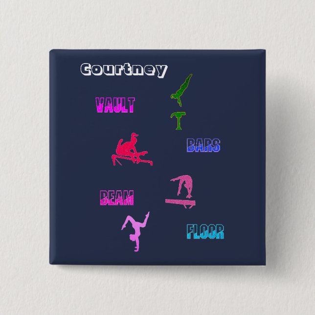 Bóton Quadrado 5.08cm Botão Eventos de Meninas de Ginástica com Nome (Frente)