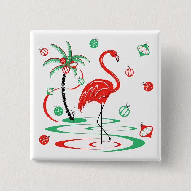 Bóton Quadrado 5.08cm Botão Flamingo Baubles de Natal Vermelho (Frente)