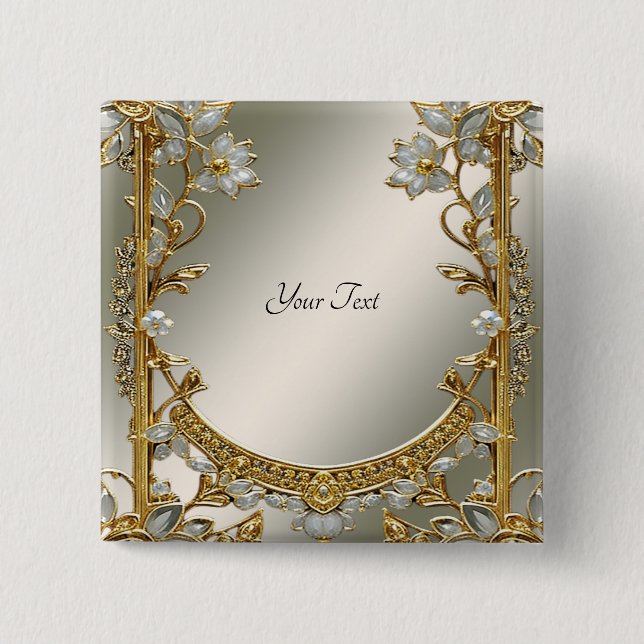 Bóton Quadrado 5.08cm Botão Floral Branco Ornamentado a Ouro (Frente)