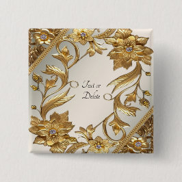 Bóton Quadrado 5.08cm Botão Floral Folhas Onduladas Douradas