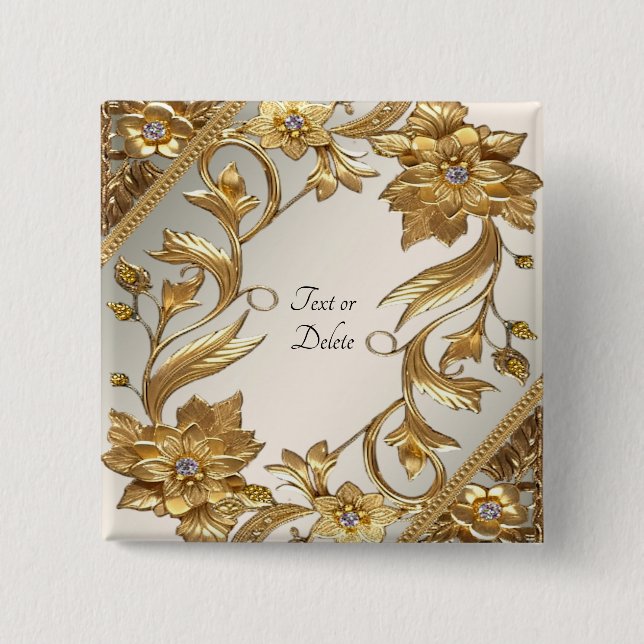 Bóton Quadrado 5.08cm Botão Floral Folhas Onduladas Douradas (Frente)
