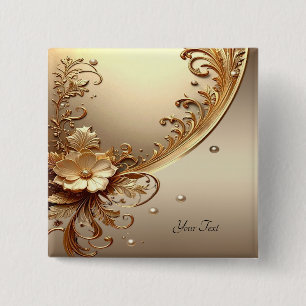 Bóton Quadrado 5.08cm Botão Floral Ornamentado Dourado