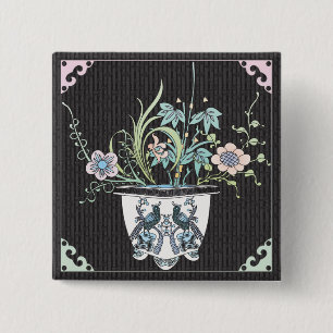 Bóton Quadrado 5.08cm Botão Flores/Aves Mah Jongg