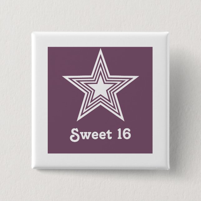 Bóton Quadrado 5.08cm Botão Funky Star Sweet 16, Roxo (Frente)