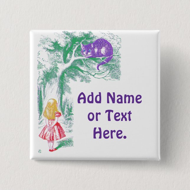 Bóton Quadrado 5.08cm Botão: "Gato Cheshire" de "Alice no País das Marav (Frente)