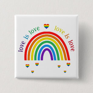 Bóton Quadrado 5.08cm Botão LGBT - Corações Arco-íris O Amor é Amor