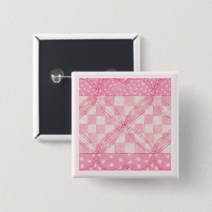 Bóton Quadrado 5.08cm Botão Pin QuILT PINK HEART QUILT Square / Rosa