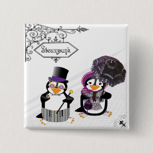 Bóton Quadrado 5.08cm Botão Pinguins Steampunk