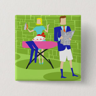 Bóton Quadrado 5.08cm Botão Retro Cartoon Casal no Início