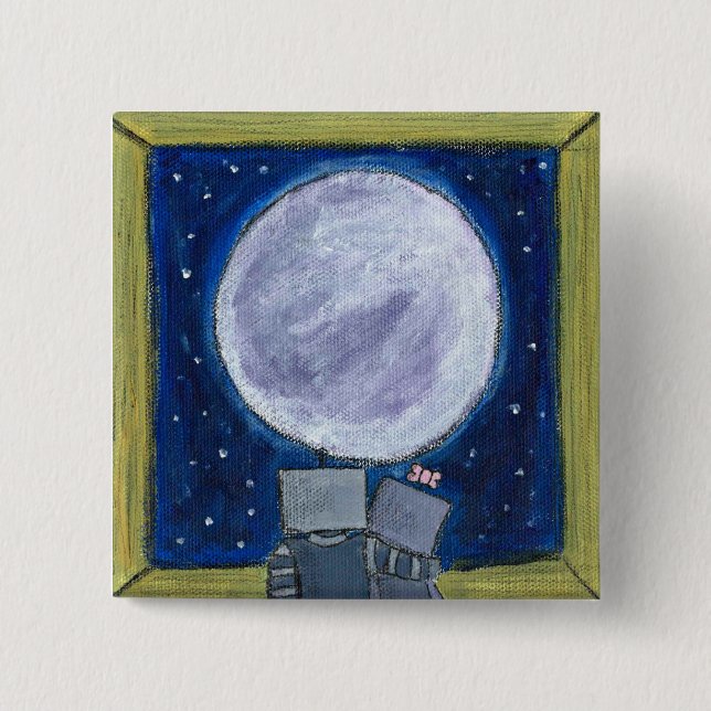 Bóton Quadrado 5.08cm Botão Robôs Moon-Gazing (Frente)