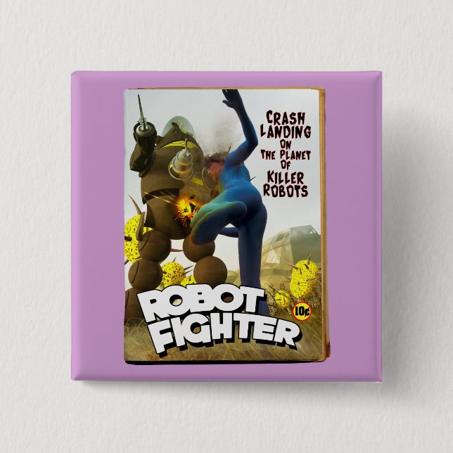 Bóton Quadrado 5.08cm Botão Robot Fighter Pulp Cobrir 2 (Frente)