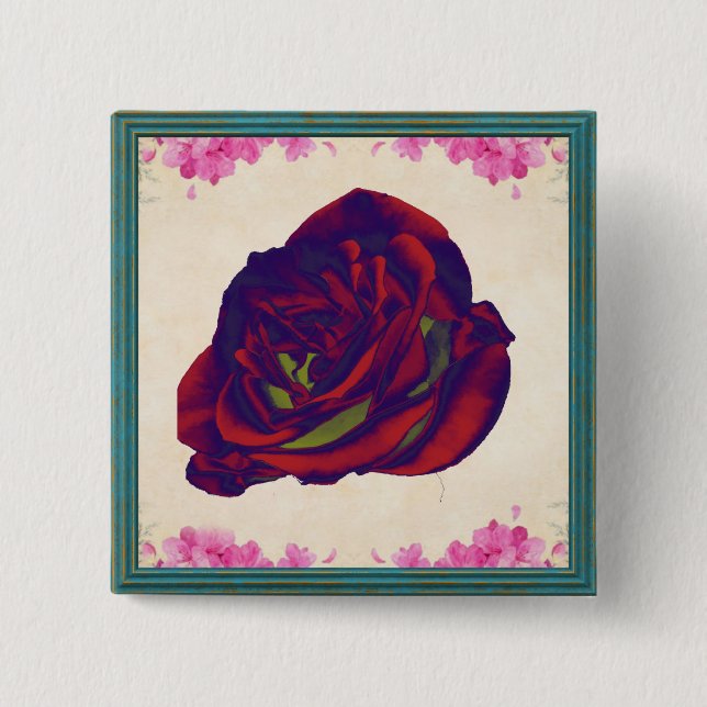 Bóton Quadrado 5.08cm Botão rosa vermelha (Frente)