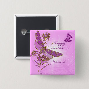 Bóton Quadrado 5.08cm Botão roxo cor-de-rosa da borboleta