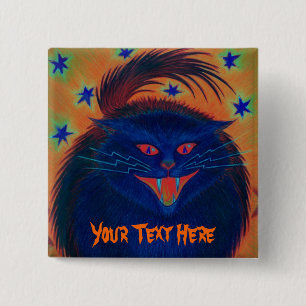 Bóton Quadrado 5.08cm Botão 'Seu Texto' Azul de Gato Assustador