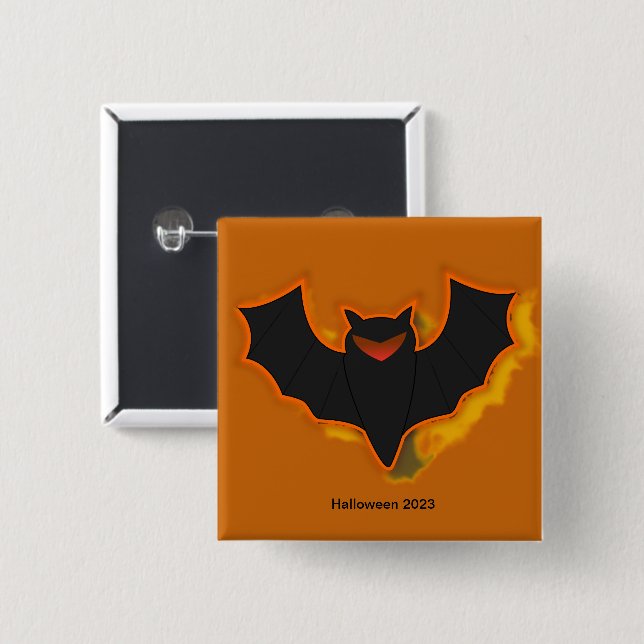 Bóton Quadrado 5.08cm Botão Spooky Bat Halloween | Tema Laranja (Frente & Verso)