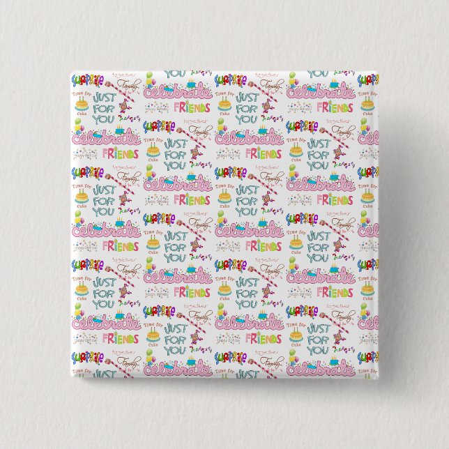 Bóton Quadrado 5.08cm Botão Surpresa da Família Feliz Aniversário (Frente)