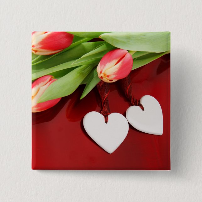 Bóton Quadrado 5.08cm Botão Tulips & Hearts (Frente)