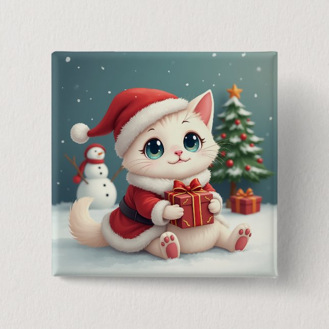 Bóton Quadrado 5.08cm Botões de Gato de Natal Branco (Frente)