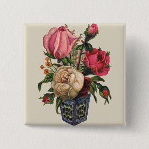Bóton Quadrado 5.08cm bouquet de rosas florais vitorianas rosas