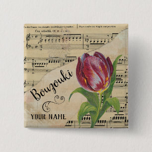 Bóton Quadrado 5.08cm Bouzouki Tulip Vintage Sheet Music Personalizada