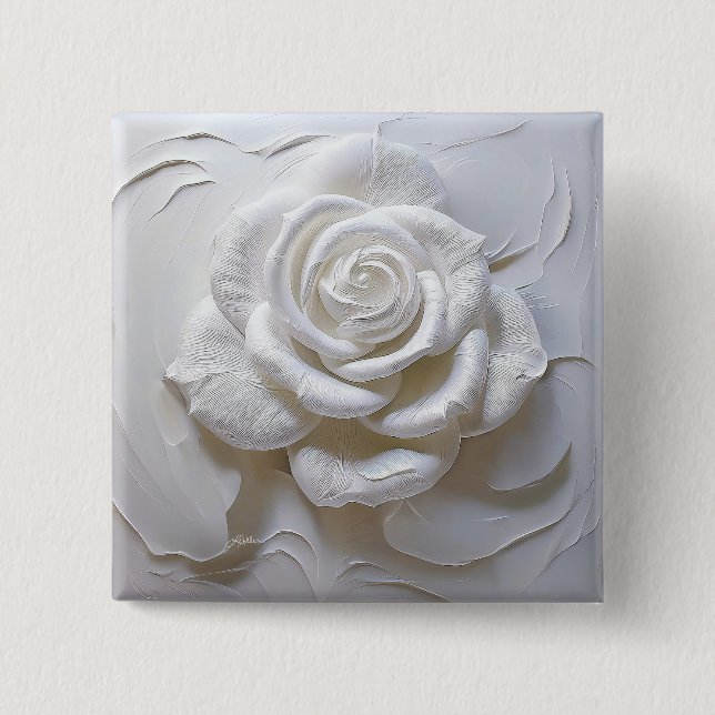 Bóton Quadrado 5.08cm Branco sobre Branco - Rosa Esculpida (Frente)