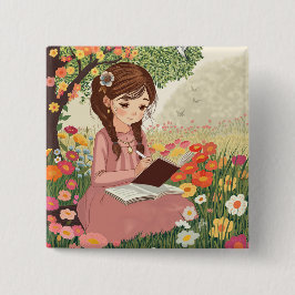 Bóton Quadrado 5.08cm Broche Botton quadrado Menina no Jardim