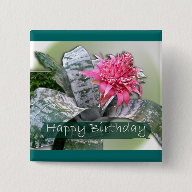 Bóton Quadrado 5.08cm Bromélia Rosa de Aniversário (Frente)
