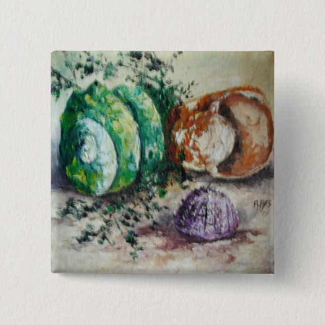 Bóton Quadrado 5.08cm Button Ann Hayes Pintando Conchas do Mar (Frente)