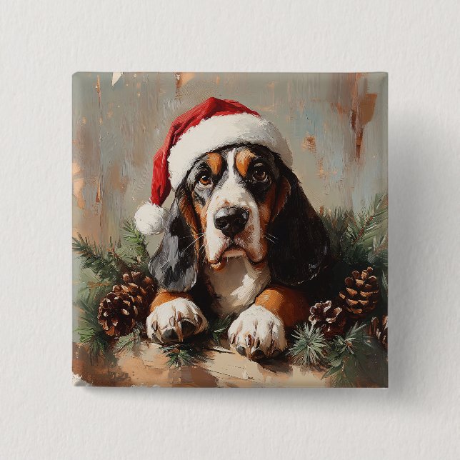 Bóton Quadrado 5.08cm Caça-Basset numa Pintura a Óleo de Santa Hat (Frente)