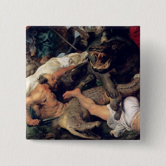 Bóton Quadrado 5.08cm Caça do Hippopotamus e do crocodilo, c.1615-16 (Frente)