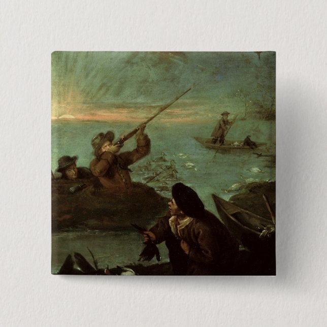 Bóton Quadrado 5.08cm Caçadores que disparam nos patos (óleo em canvas) (Frente)