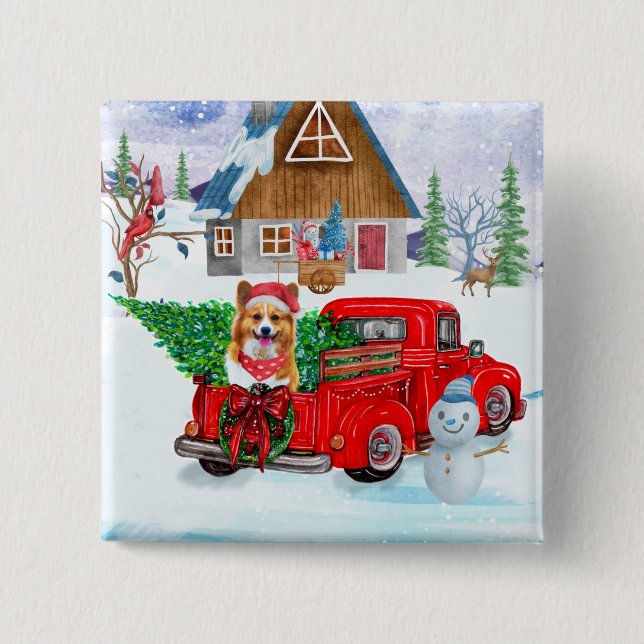 Bóton Quadrado 5.08cm Cachorro Corgi Na Neve Dos Caminhões De Natal (Frente)