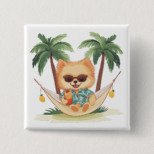 Bóton Quadrado 5.08cm Cachorro Pomerano Em Camisa Hammock Havaiana