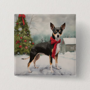 Bóton Quadrado 5.08cm Cachorro Rat Terrier na Neve Natal