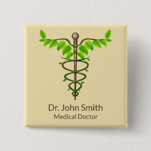 Bóton Quadrado 5.08cm Caduceu Médico Alternativo Folhas Verdes Bege