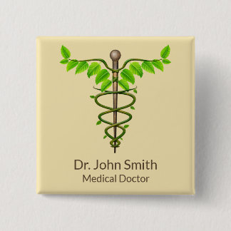 Bóton Quadrado 5.08cm Caduceu Médico Alternativo Folhas Verdes Bege