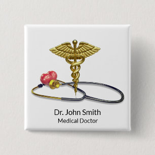 Bóton Quadrado 5.08cm Caduceu Médico Dourado & Estetoscópio com Coração