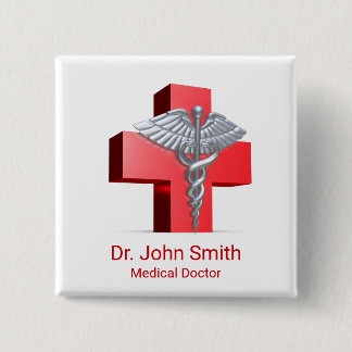 Bóton Quadrado 5.08cm Caduceus Cross Red Silver Médico 3D