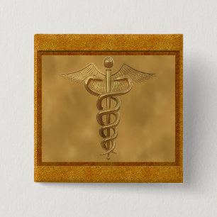 Bóton Quadrado 5.08cm Caduceus médico Dourado